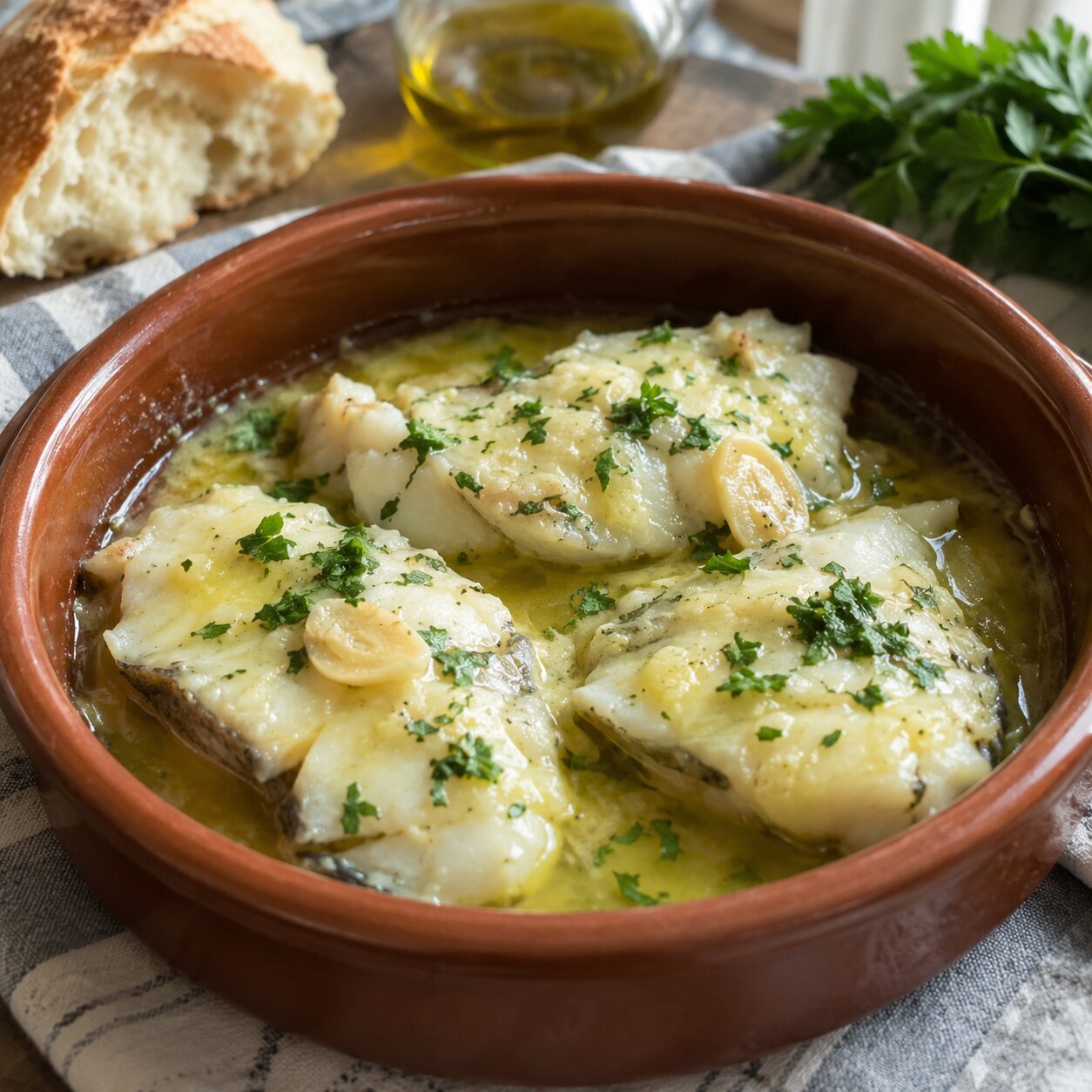 Bacalao al pil-pil in a clay cazuela, golden garlic sauce