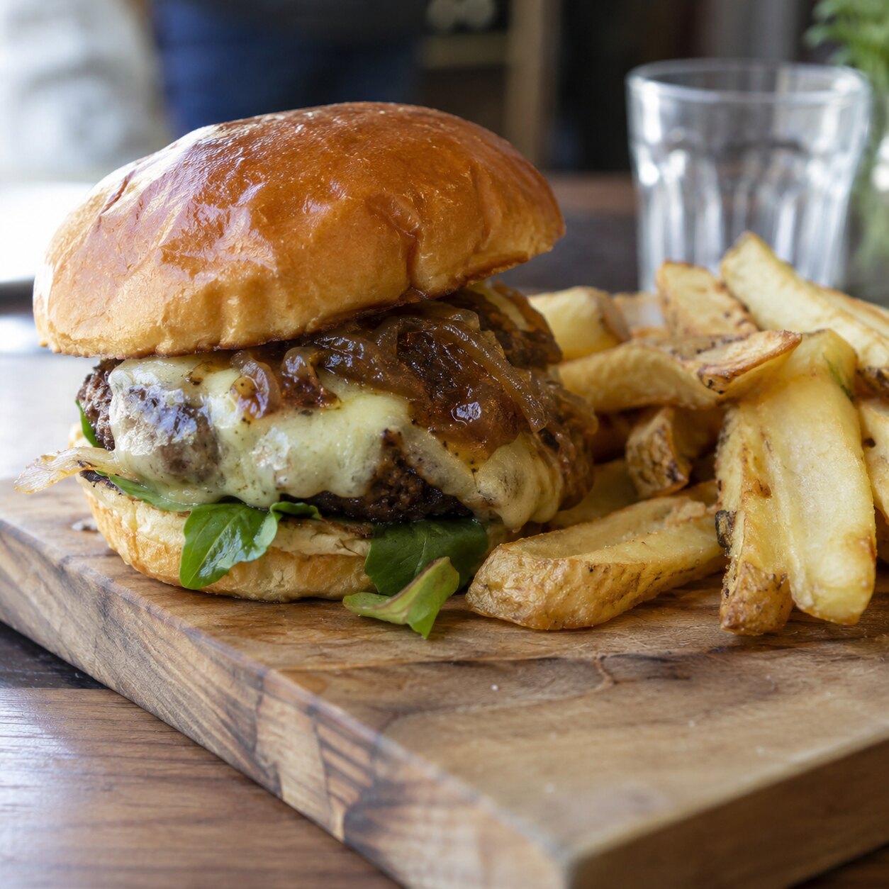 The G burger with melted Idiazabal cheese and a side of fries on a board