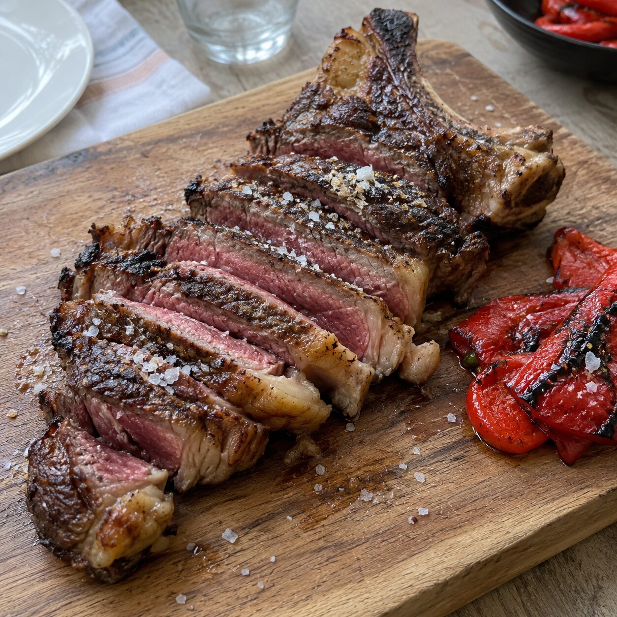 Chuletón ribeye carved on a wooden board with roasted red peppers