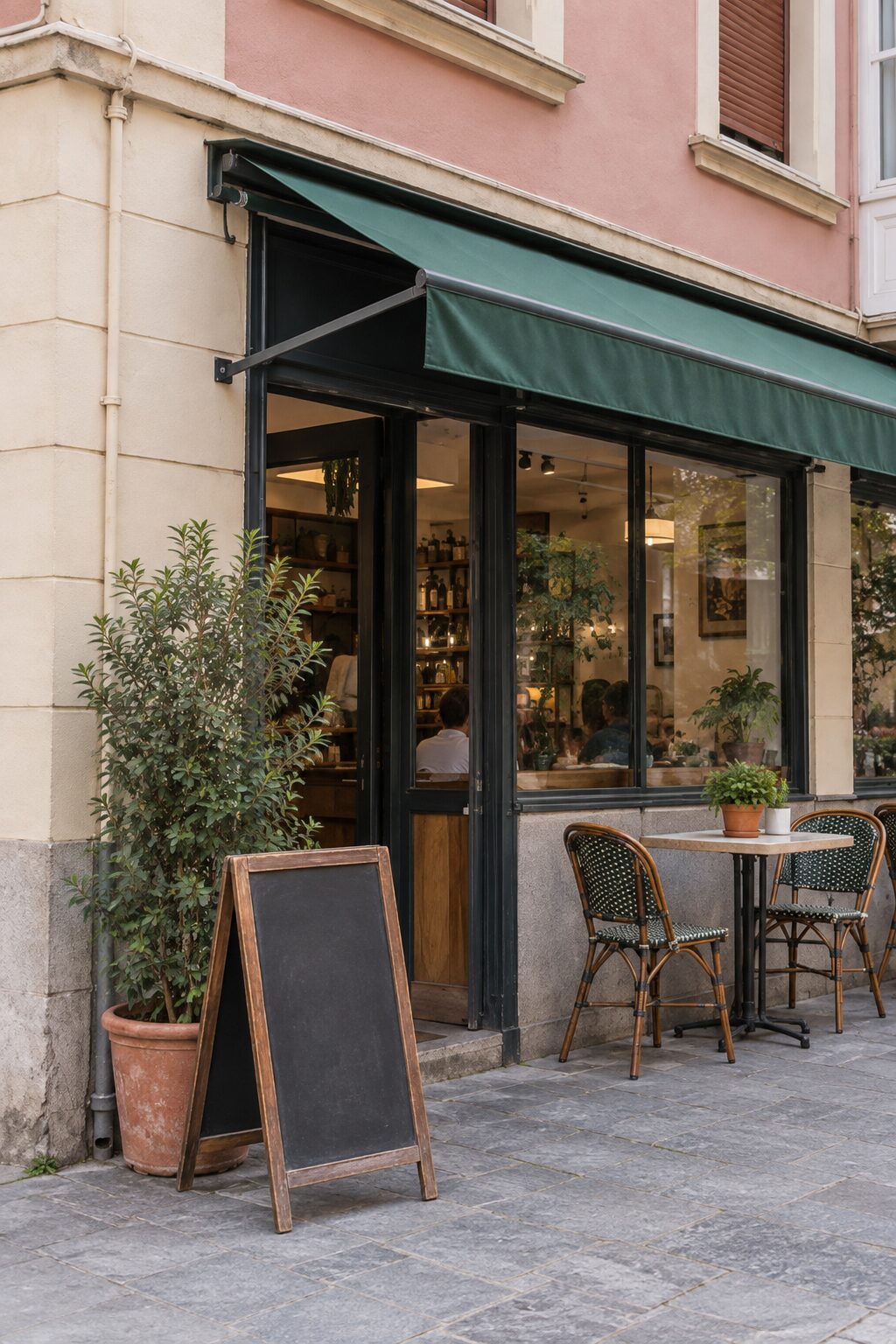 The dark-green door of G cafe Bilbao with a chalk A-board menu on the pavement
