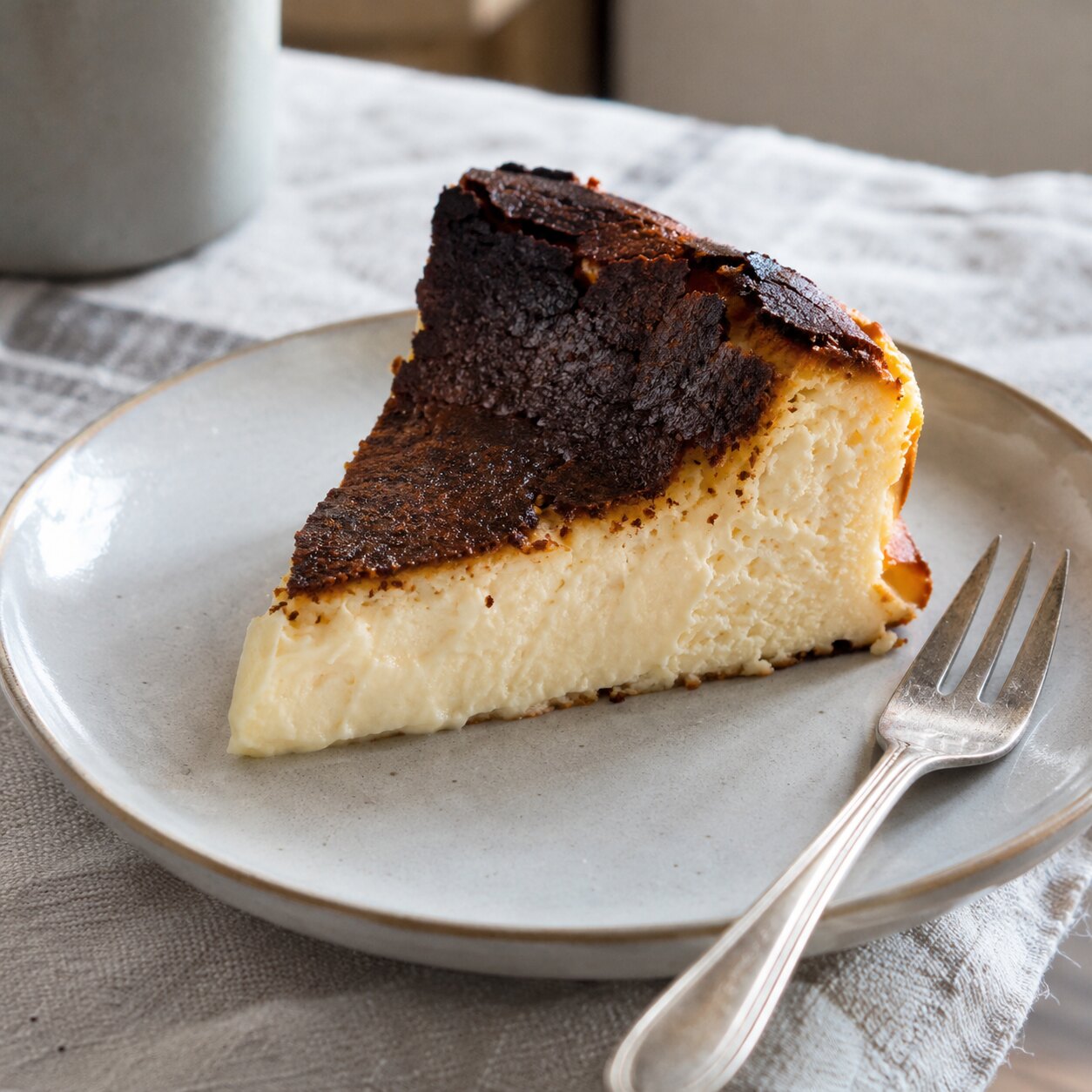 A slice of Basque burnt cheesecake, caramelised top