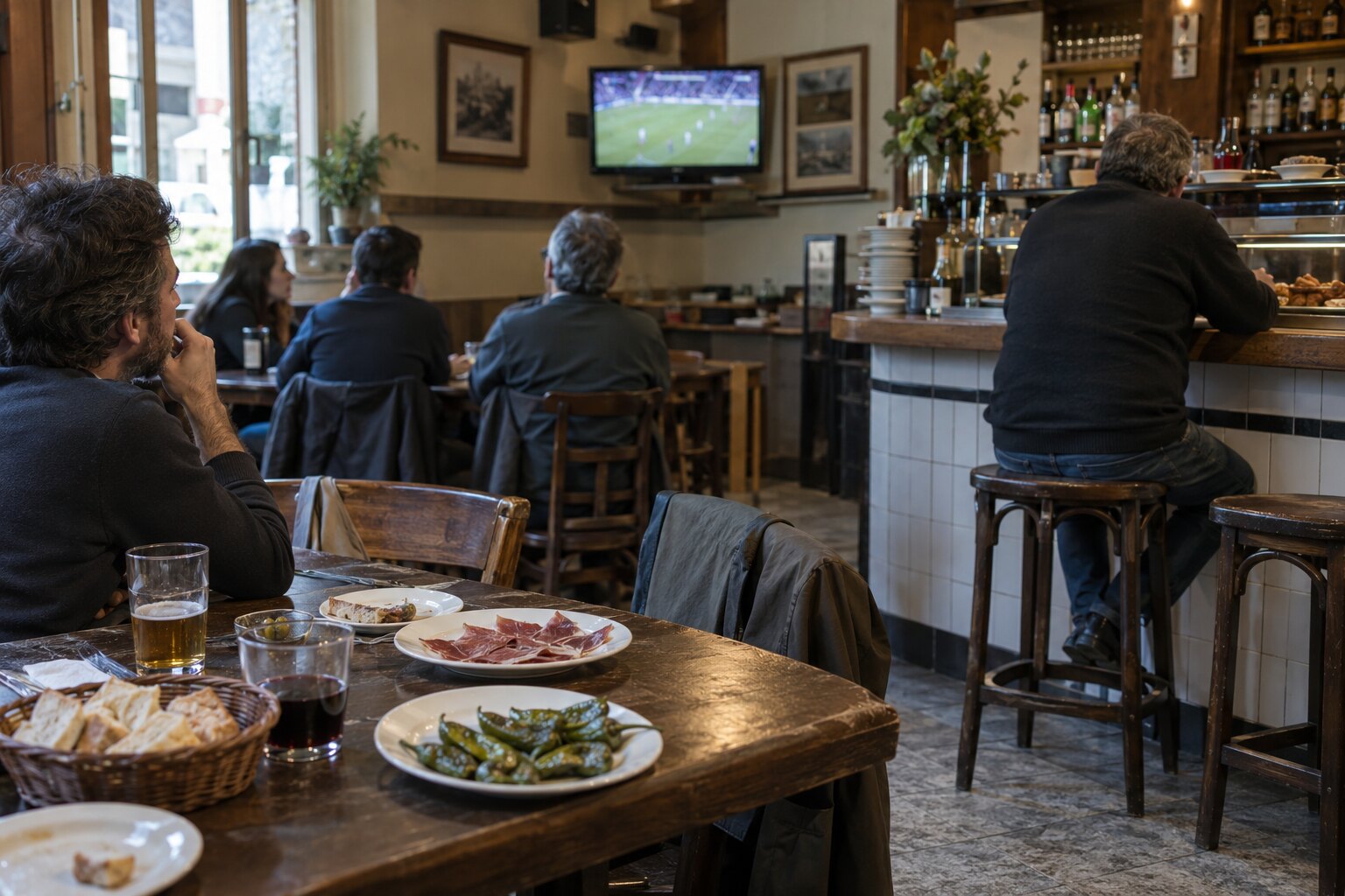 The dining room at G cafe Bilbao — warm lamplight, tiled bar and a football match on the screen