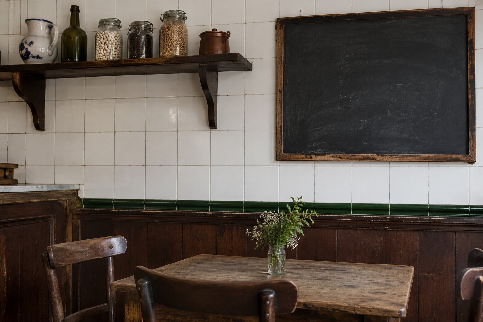 Tiled wall and chalk menu board inside G cafe Bilbao