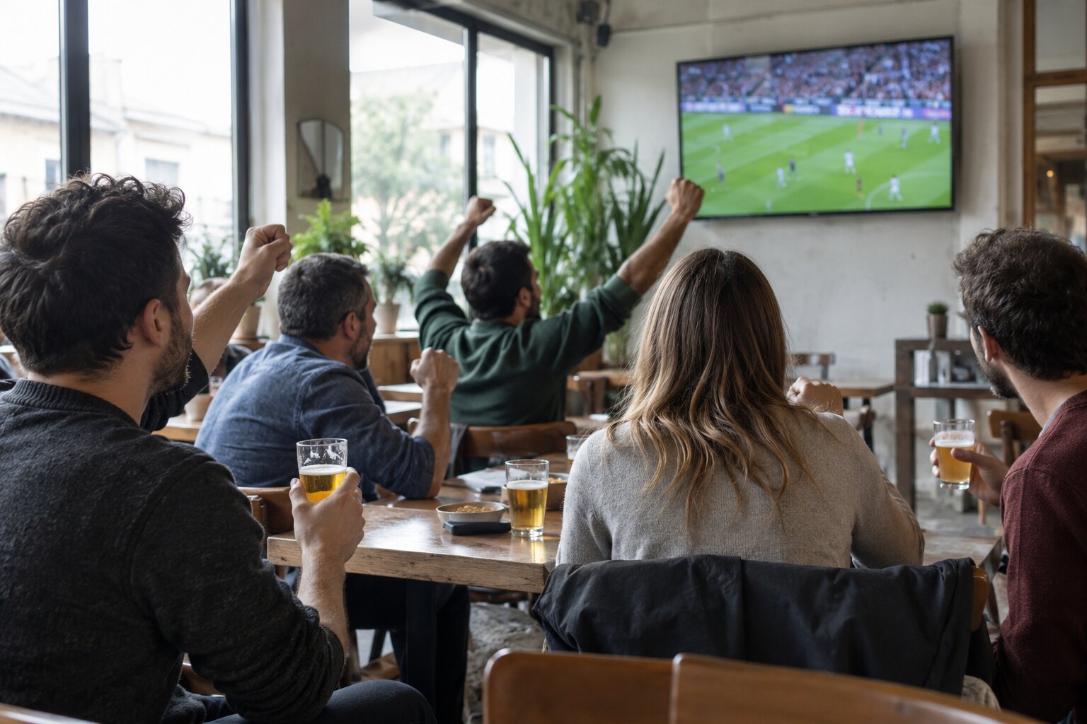 Fans watching a match on the big screen at G cafe Bilbao, cañas raised
